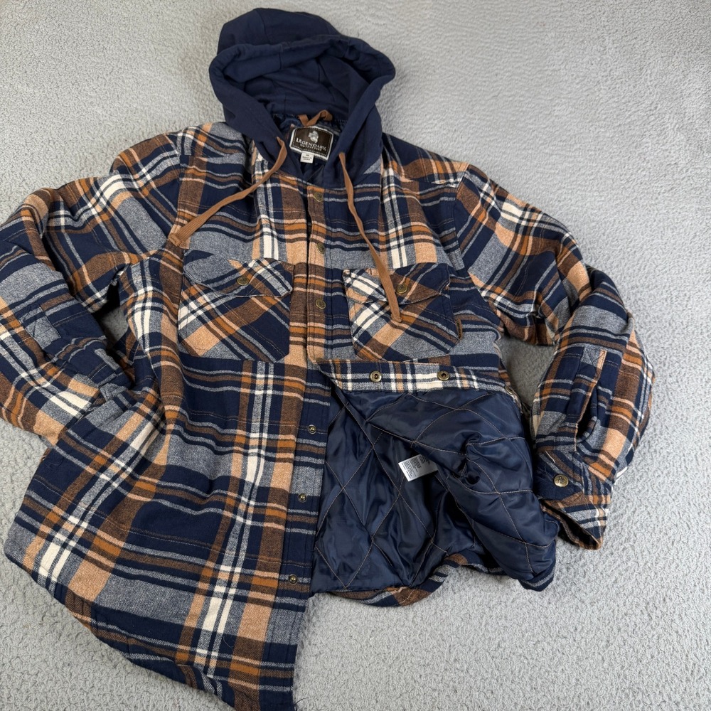Legendary Outfitters Flannel Jacket Mens M Blue Brown Plaid Hooded Quilted Lined